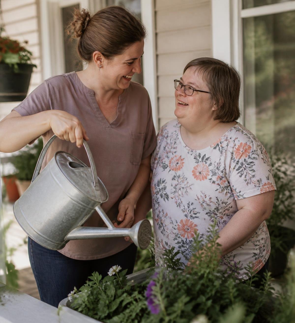 A care professional and a resident tending porch plants together
