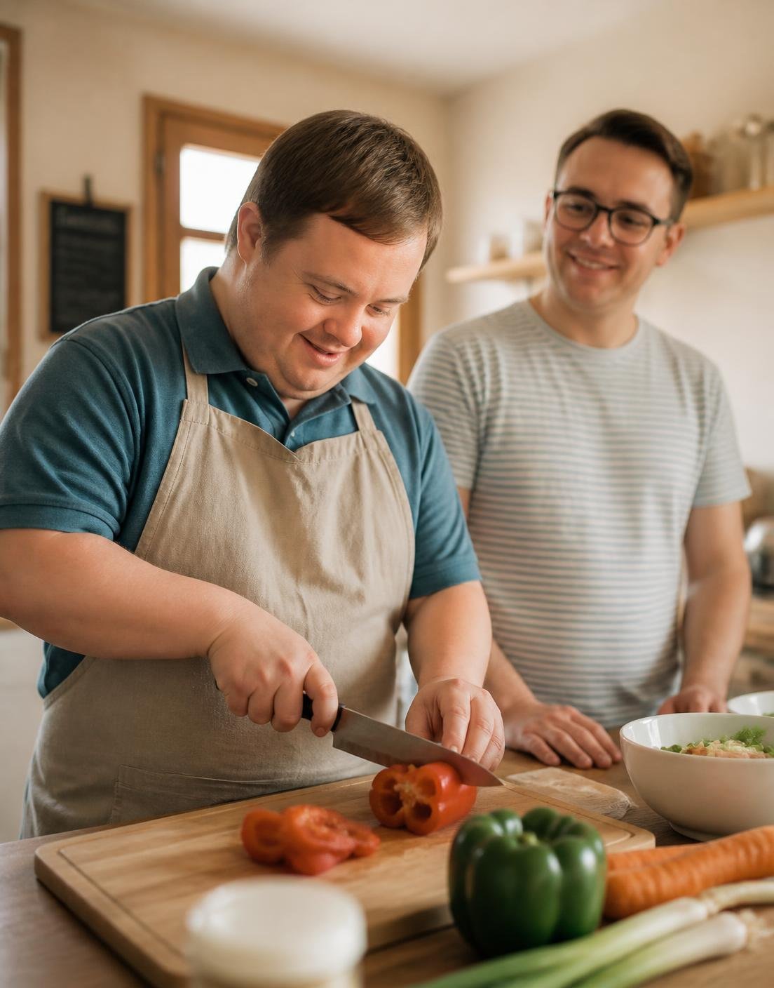 An adult with a developmental disability preparing a meal at home alongside a support professional