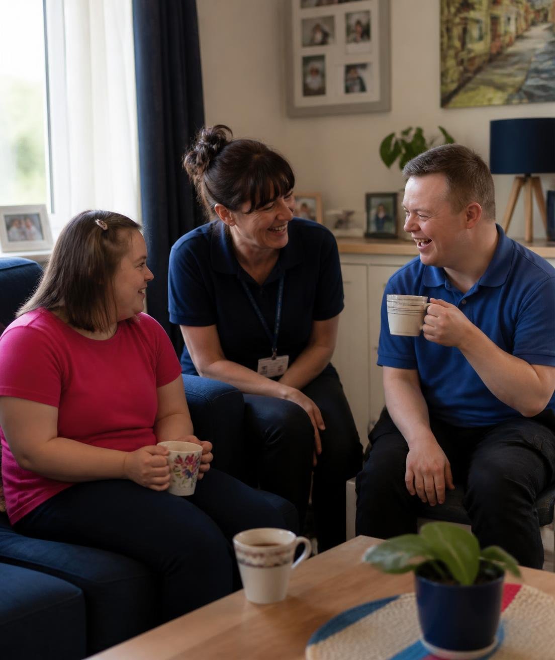 Two adults living in a group home sharing tea and conversation with a support professional