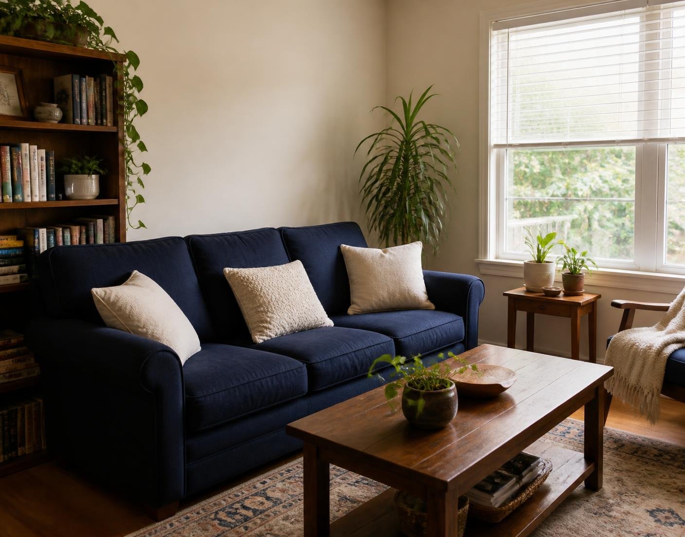 A comfortable residential living room with navy sofa and warm daylight