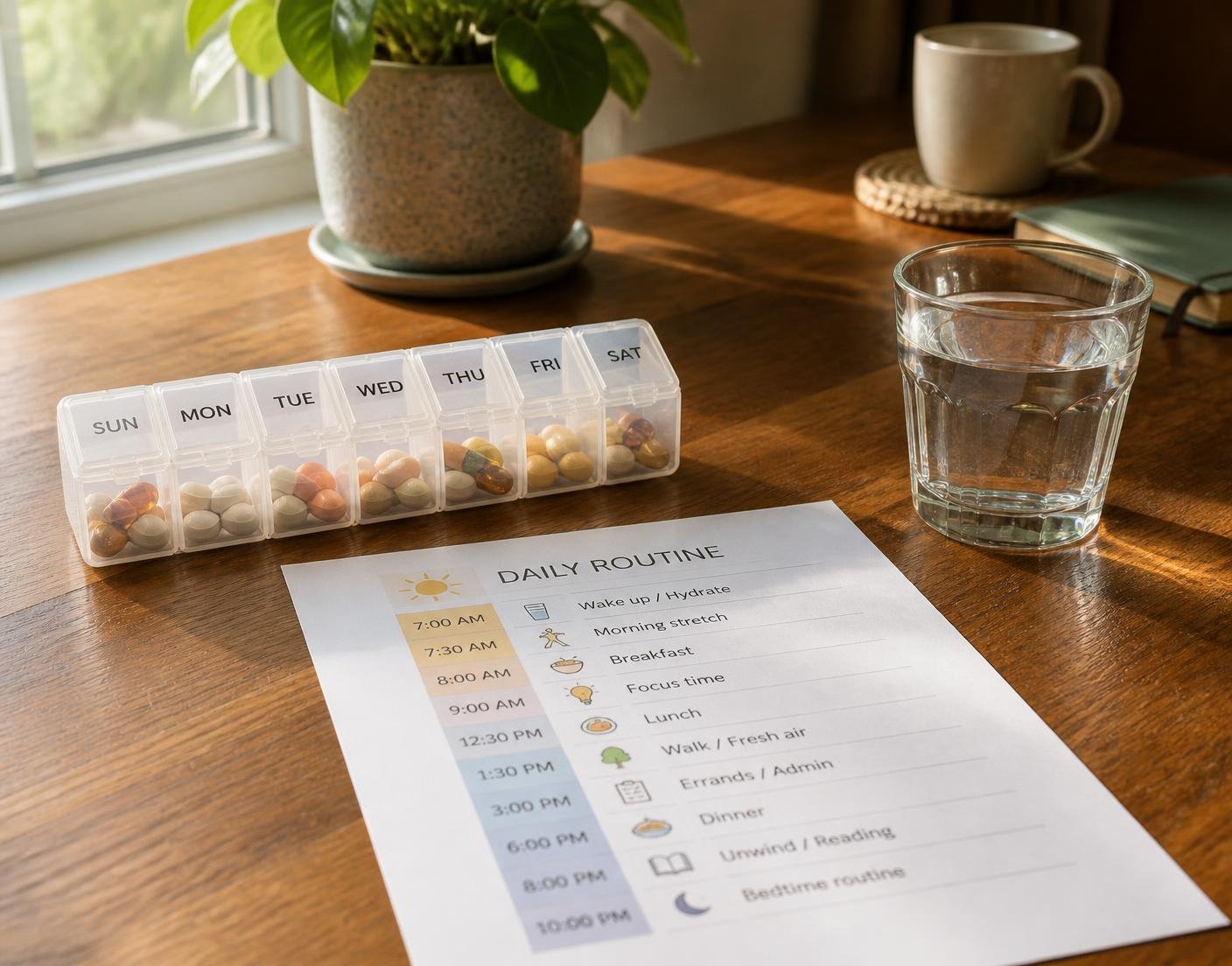 A weekly pill organizer and routine chart on a table in soft domestic light