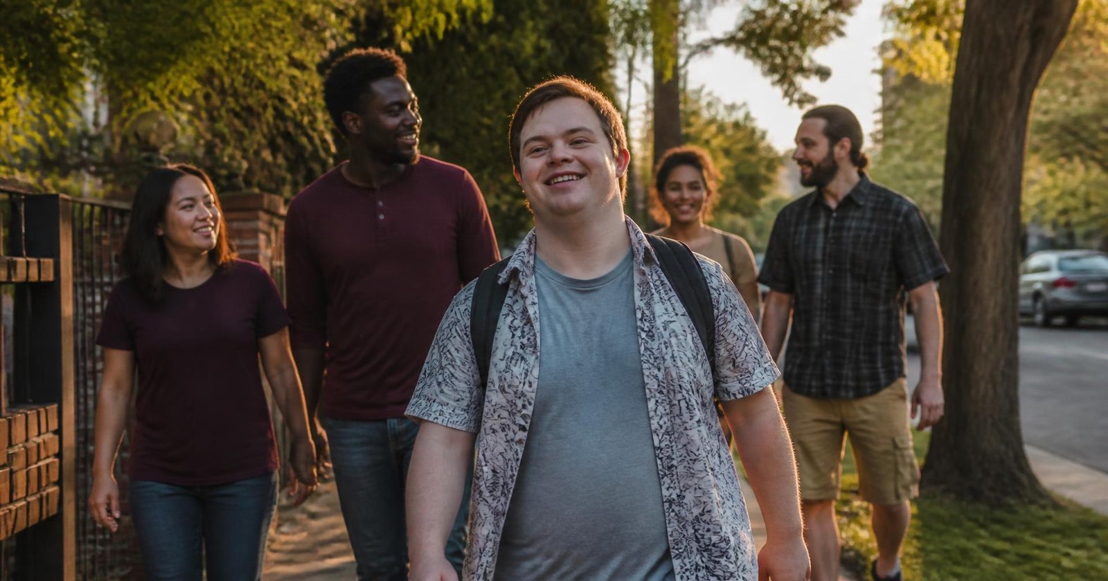 Adults walking together through their neighborhood on a warm afternoon